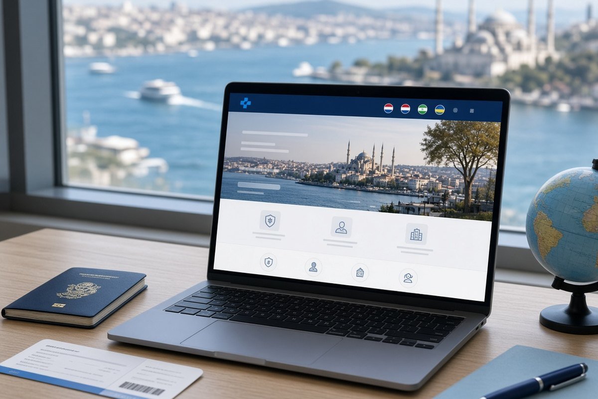 Sağlık turizmi web sitesi – dünya haritası ve çok dilli klinik sitesi görünen ekranlar