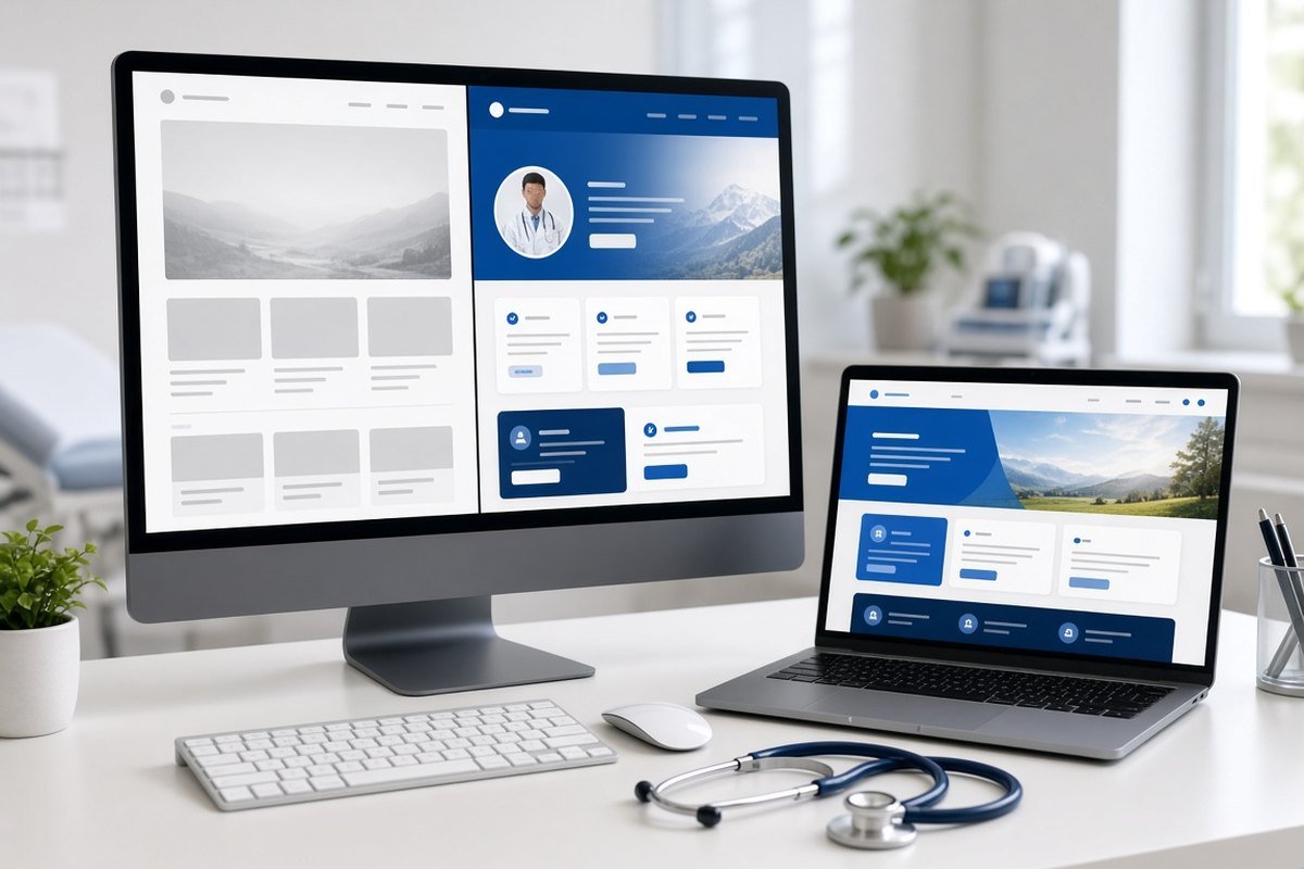 Doktor yeni site tasarımı – masaüstü ve dizüstü ekranda klinik web sitesi taslağı